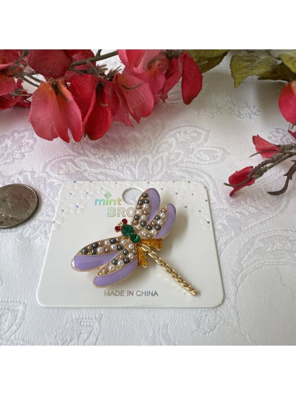 2.5" Purple Dragonfly Rhinestone GoldTone Brooch Colorful Enamel NEW